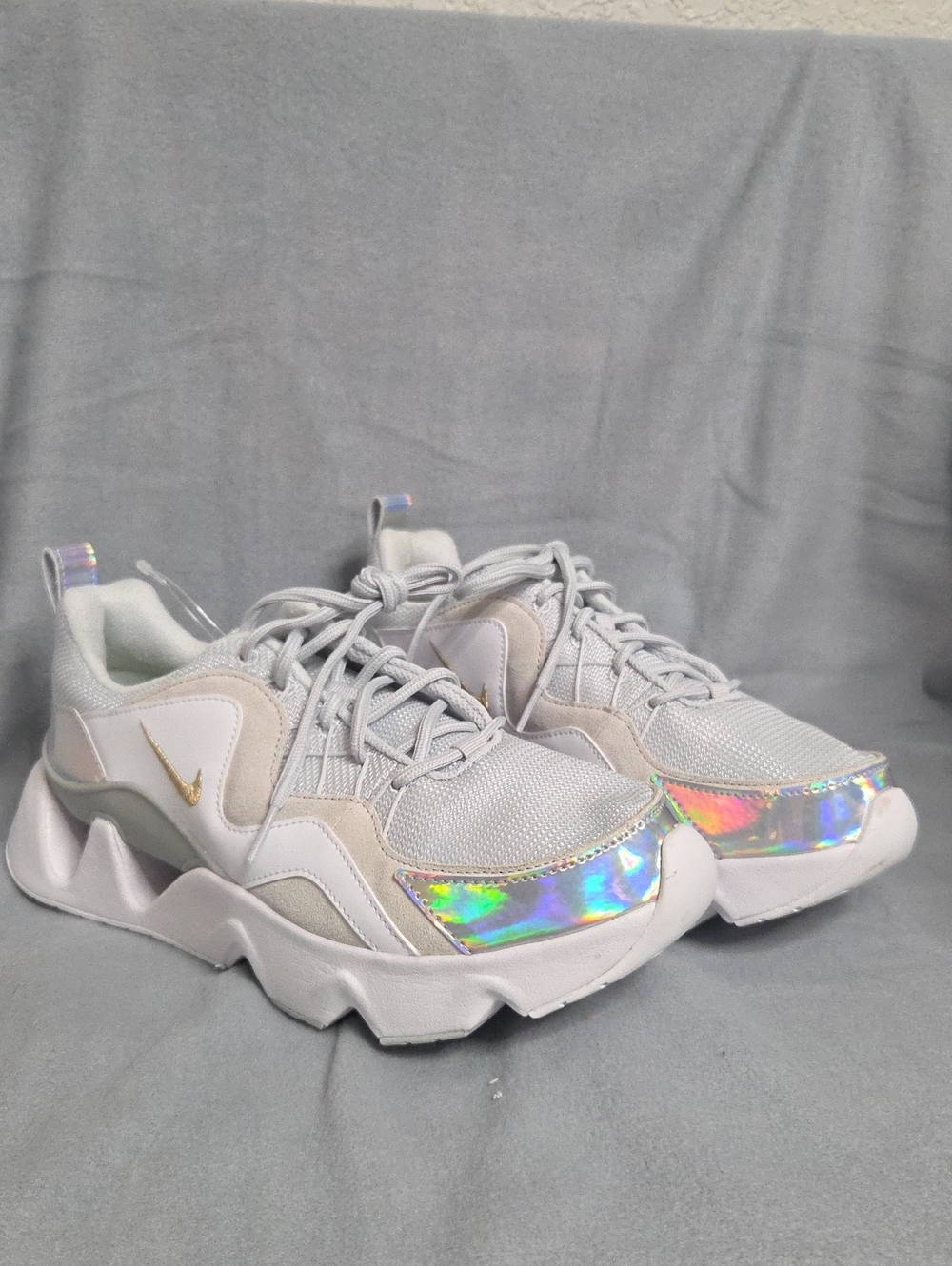 Nike Women’s White Sneakers with Iridescent Toe and Gold Swoosh
